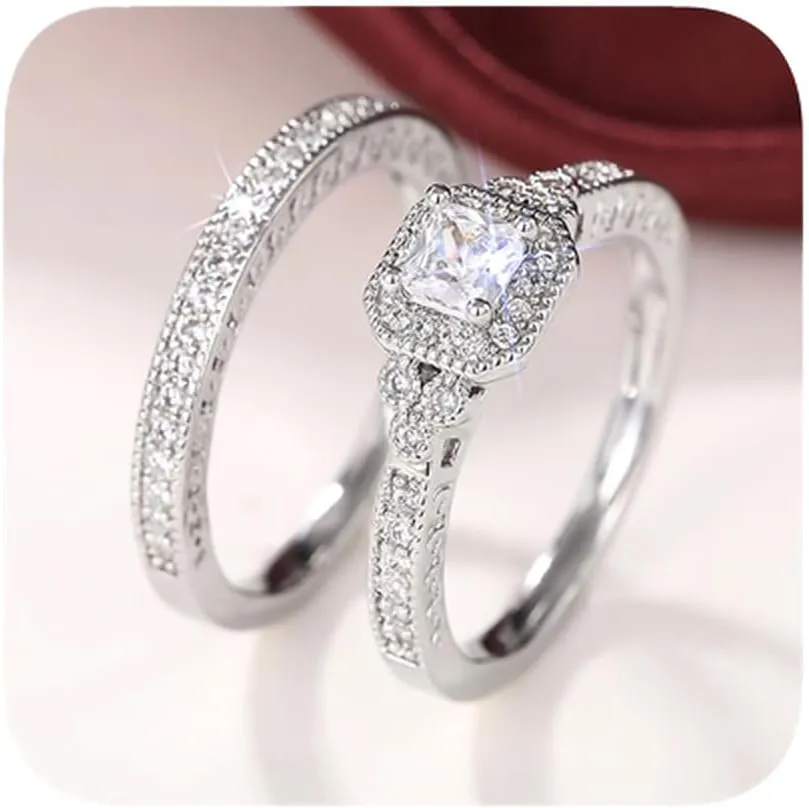 2PCS 925 Plated Silver Bridal Rings Sets Square Cut Cubic Zirconia Halo CZ Engagements Rings Wedding Bands for Women Promise Rings for her Size 8#