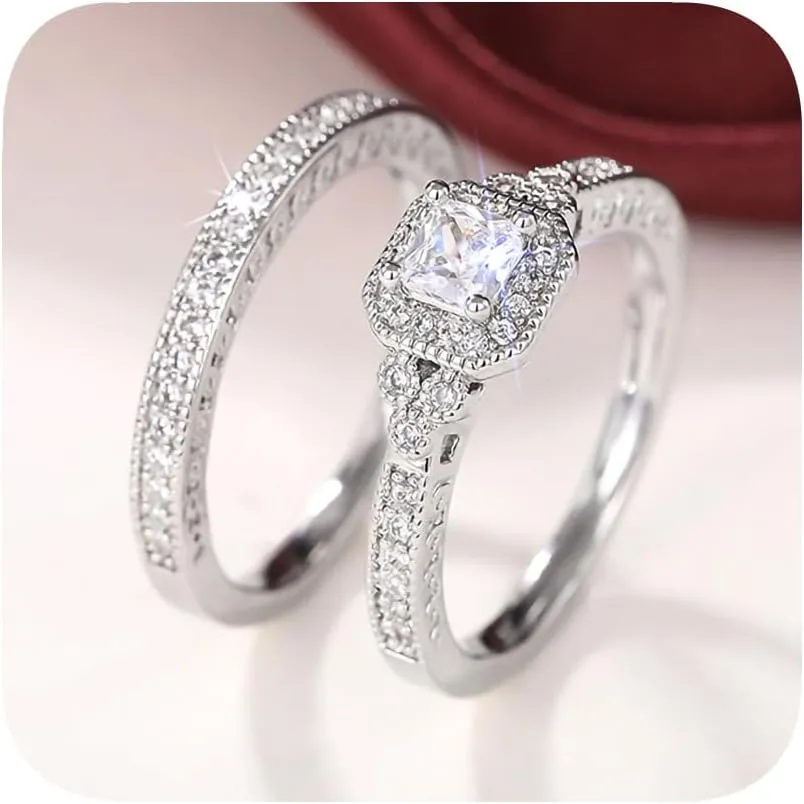 2PCS 925 Plated Silver Bridal Rings Sets Square Cut Cubic Zirconia Halo CZ Engagements Rings Wedding Bands for Women Promise Rings for her Size 8#