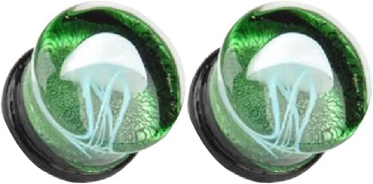 2Pcs Earrings Gauges for Men, Unique Gauges for Ears Marine Jellyfish with Glass Tunnels Ears