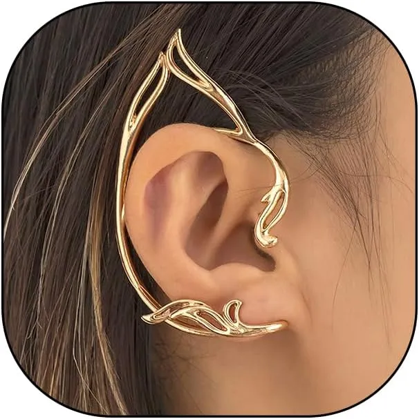 2Pcs Gold Plated Elves Ear Cuff Earrings for Women,Unique Cat Ear Hollow Non-Piercing Climber Earrings,Dainty Cosplay Fairy Party Jewelry Gifts