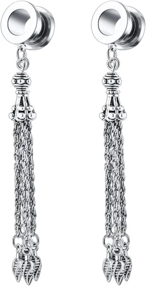 2Pcs Men Gauges for Ears, Unique Ear Gauges for Men with Chain Dangle Stainless Steel Gauge Earrings