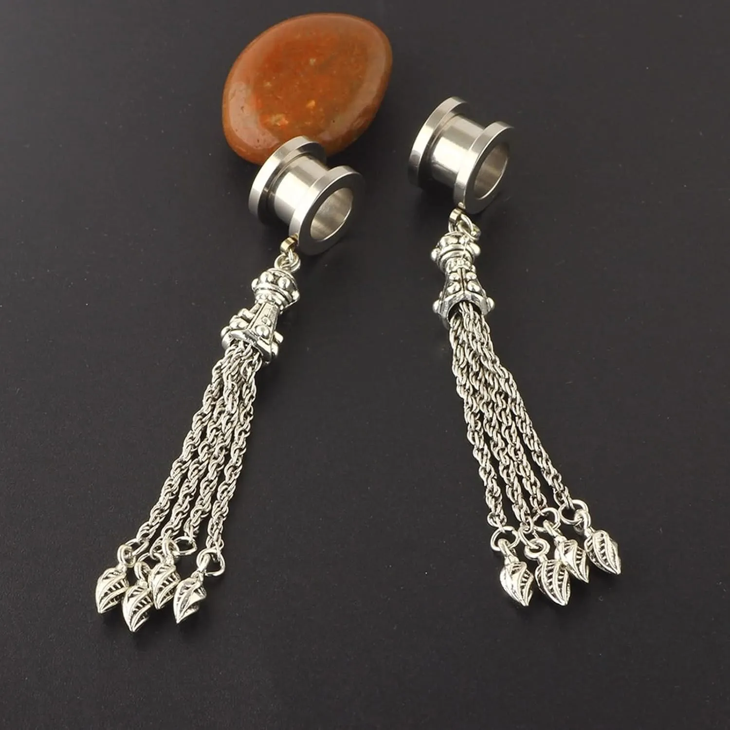 2Pcs Men Gauges for Ears, Unique Ear Gauges for Men with Chain Dangle Stainless Steel Gauge Earrings