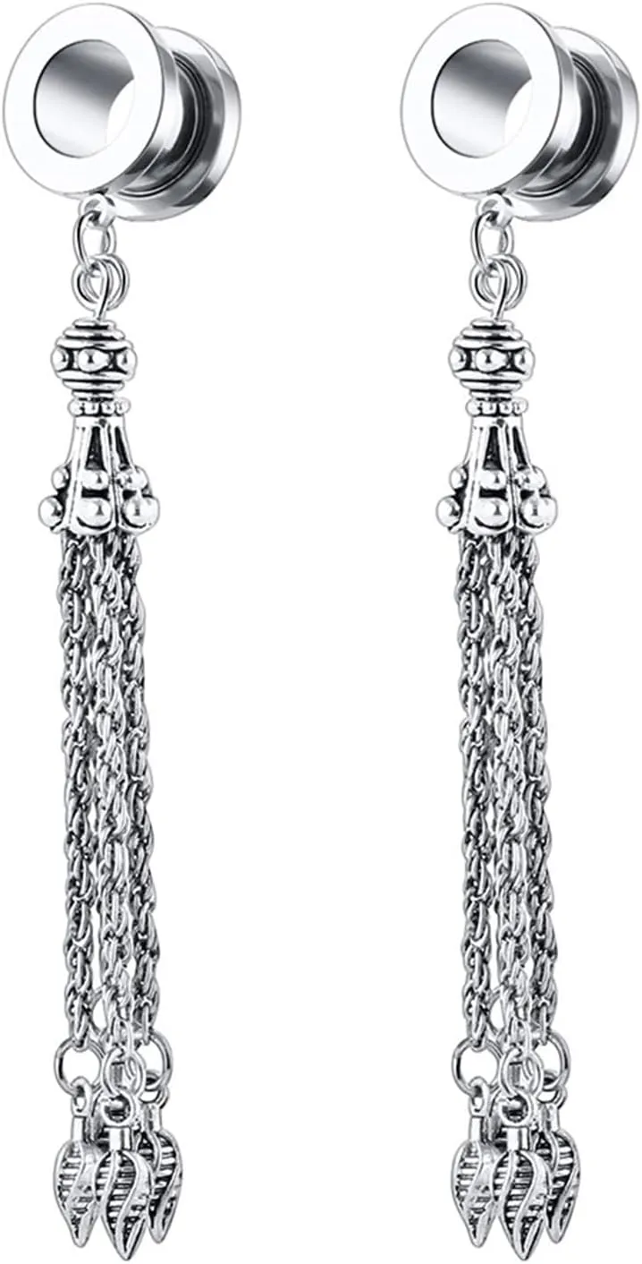 2Pcs Men Gauges for Ears, Unique Ear Gauges for Men with Chain Dangle Stainless Steel Gauge Earrings