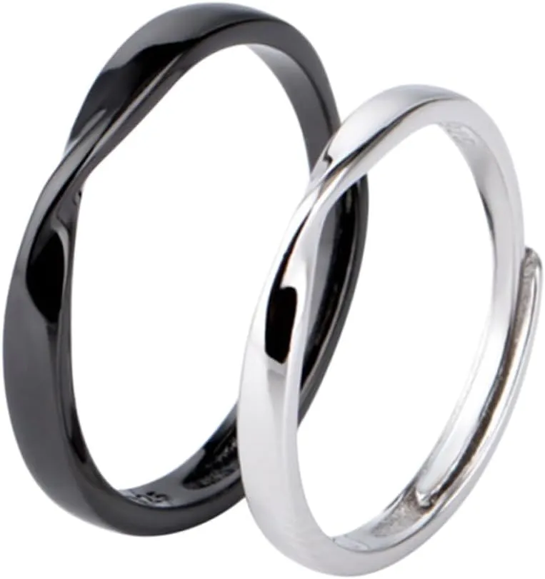 2pcs S925 Silver Couple Rings Women Men Engagement Promise Rings Adjustable Opening Jewelry Set for Wedding Party Present
