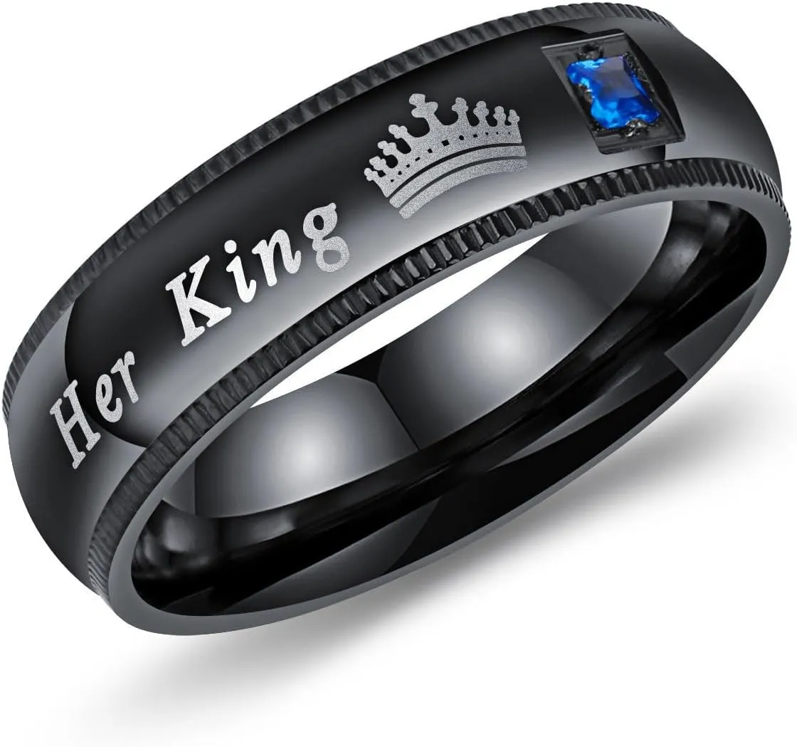 2pcs Set of His and Her Matching Promise Rings for Couples Black Stainless Steel His Queen & Her King Wedding Engagement Annivesary Bands Couples Rings Anniversary Valentine's Jewelry Gifts