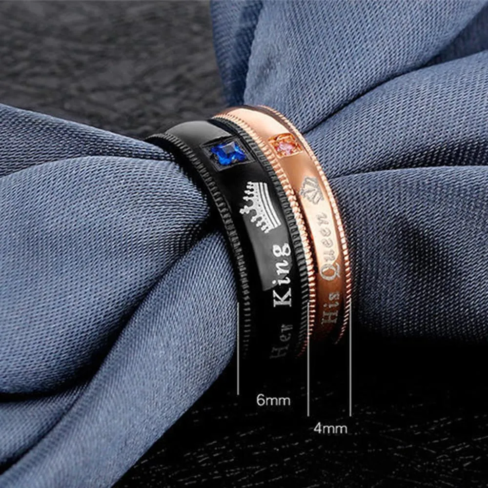 2pcs Set of His and Her Matching Promise Rings for Couples Black Stainless Steel His Queen & Her King Wedding Engagement Annivesary Bands Couples Rings Anniversary Valentine's Jewelry Gifts