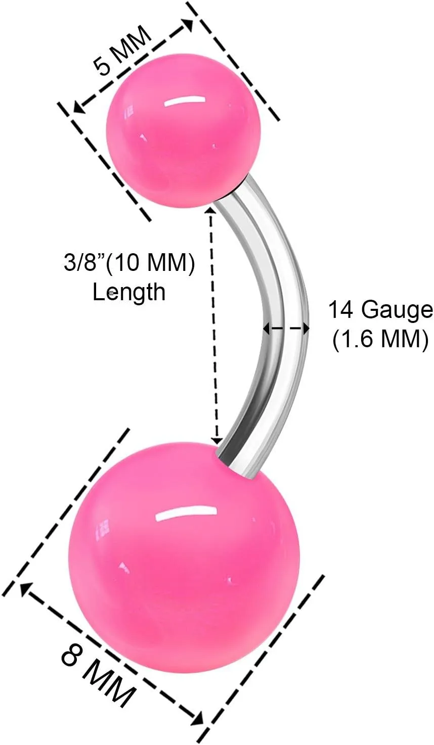 2PCS Stainless Steel Belly Stud Button Navel Bar Rings 14 Gauge 3/8 10mm Acrylic Ball Earrings Piercing Jewelry Choose Colors