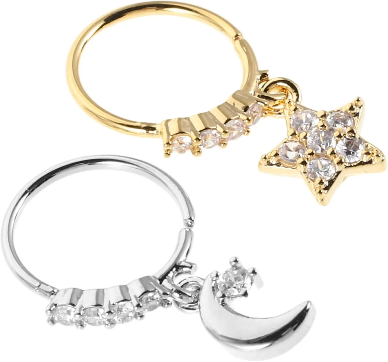 2Pcs Unique Nose with Star and Crescent Design Durable Metal Nose Rings Decorated with Rhinestones for Stylish Daily Wear and Distinctive Piercings