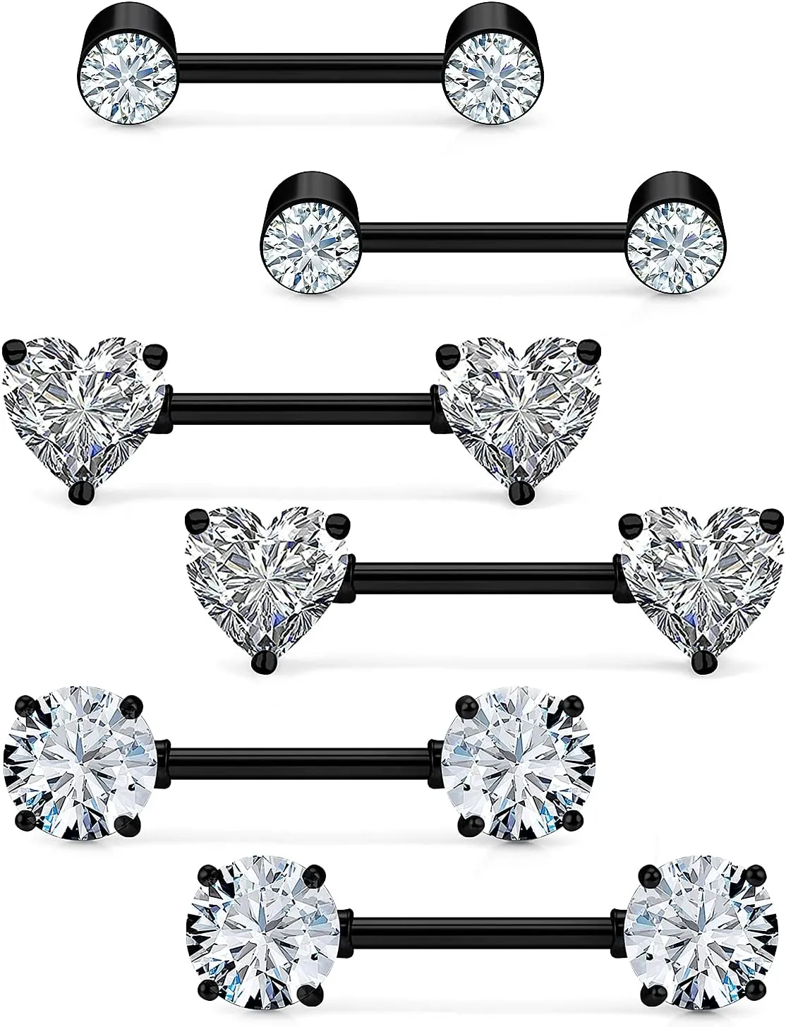3 Pairs 14G Black Surgical Steel Nipple Rings with CZ Rhinestone Studs and Heart Barbell Design