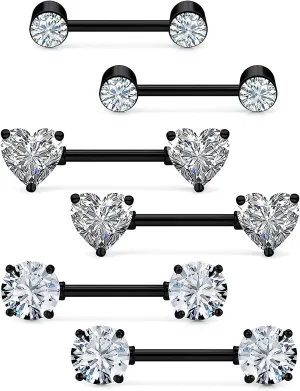 3 Pairs 14G Black Surgical Steel Nipple Rings with CZ Rhinestone Studs and Heart Barbell Design