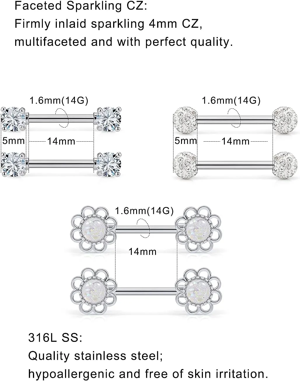 3 Pairs Stainless Steel Nipple Ring CZ Straight Barbell Rhinestone Nipple Studs Body Piercing Jewelry for Women