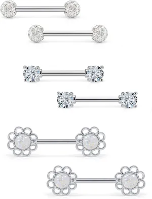 3 Pairs Stainless Steel Nipple Ring CZ Straight Barbell Rhinestone Nipple Studs Body Piercing Jewelry for Women