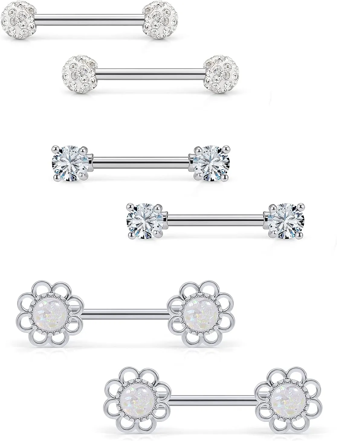 3 Pairs Stainless Steel Nipple Ring CZ Straight Barbell Rhinestone Nipple Studs Body Piercing Jewelry for Women