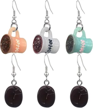 3 Pairs Unique Asymmetric Tea Coffee Cup Dangle Drop Earrings Funny Urban style Earrings Sets For Women Jewelry Gifts