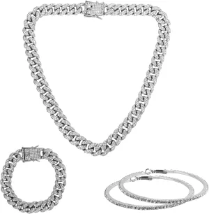 3 Pcs Jewelry Sets Rhinestone Bling Necklace, Bracelet, Crystal Big Circle Earrings for Women, Birthday Outfits, Silver Jewelry Set for Women