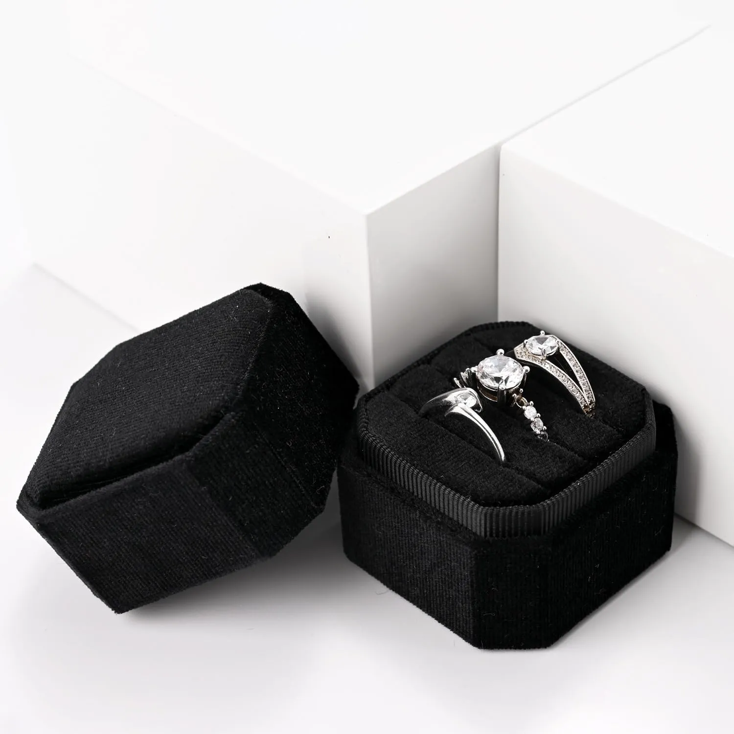 3 Slots Ring Box Velvet Ring Gift Box Wedding Day For Proposal, Engagement, Wedding,Mother's Day, Valentine's Day (Black)