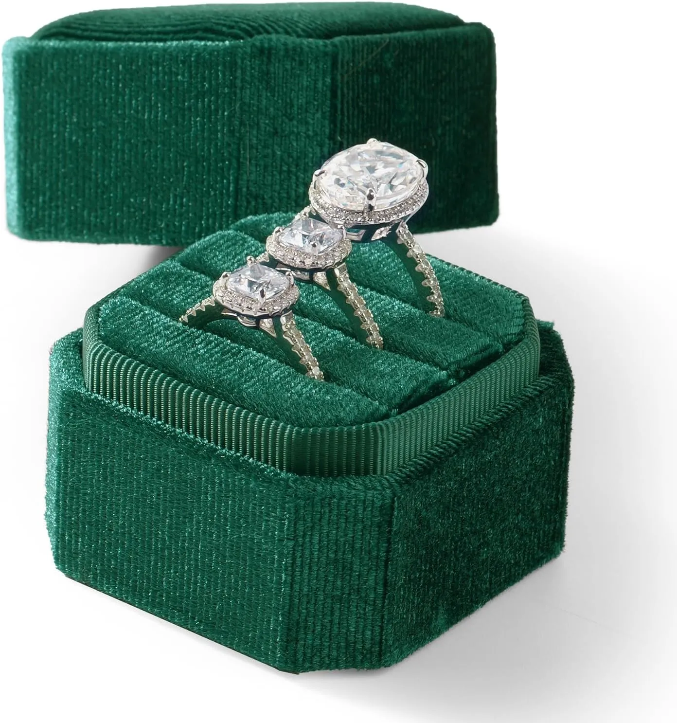 3 Slots Ring Box Velvet Ring Gift Box Wedding Day For Proposal, Engagement, Wedding,Mother's Day, Valentine's Day (Green)