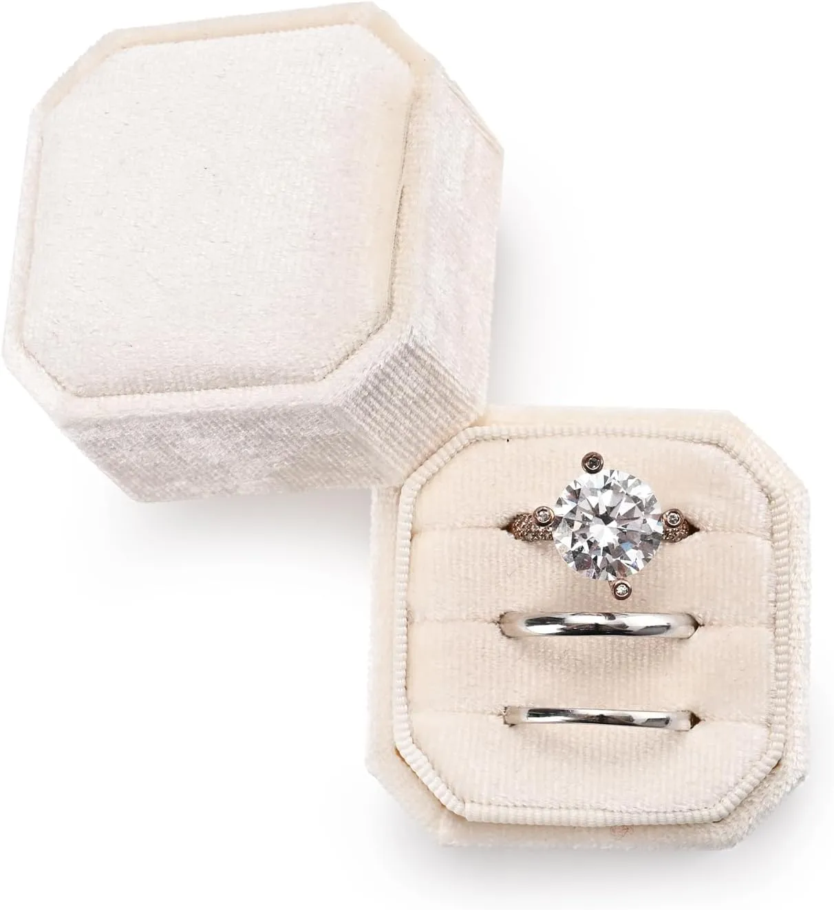 3 Slots Ring Box Velvet Ring Gift Box Wedding Day For Proposal, Engagement, Wedding,Mother's Day, Valentine's Day(Beige)