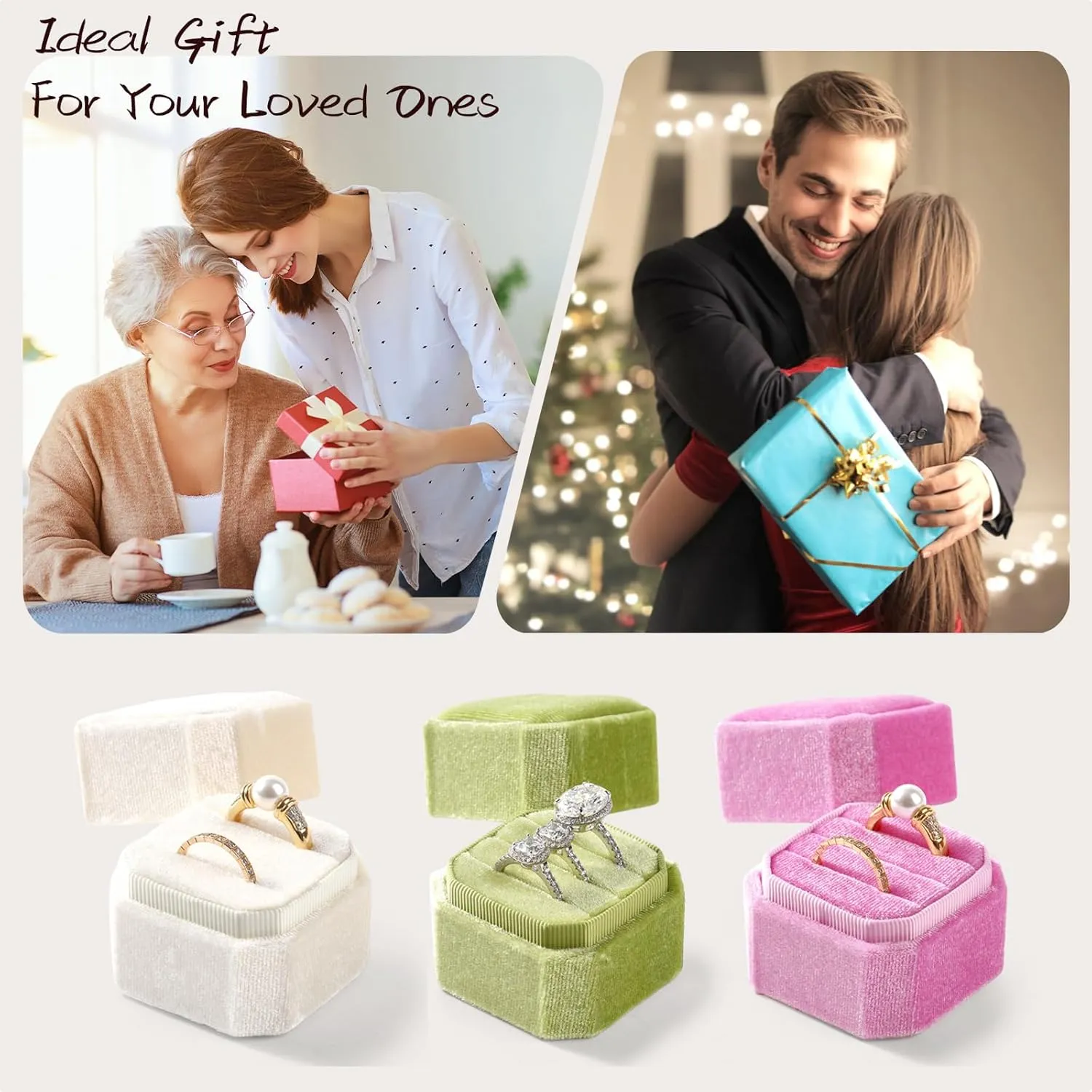 3 Slots Ring Box Velvet Ring Gift Box Wedding Day For Proposal, Engagement, Wedding,Mother's Day, Valentine's Day(Beige)