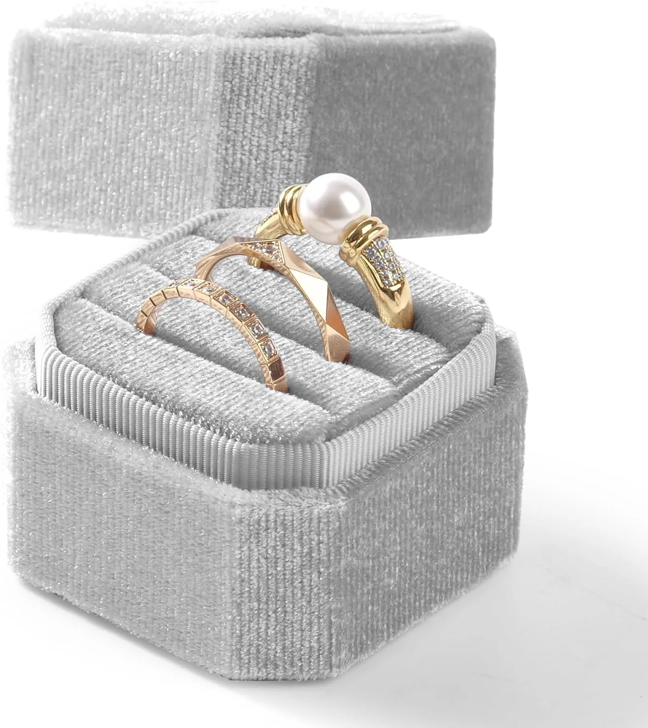 3 Slots Ring Box Velvet Ring Gift Box Wedding Day For Proposal, Engagement, Wedding,Mother's Day, Valentine's Day(Grey)