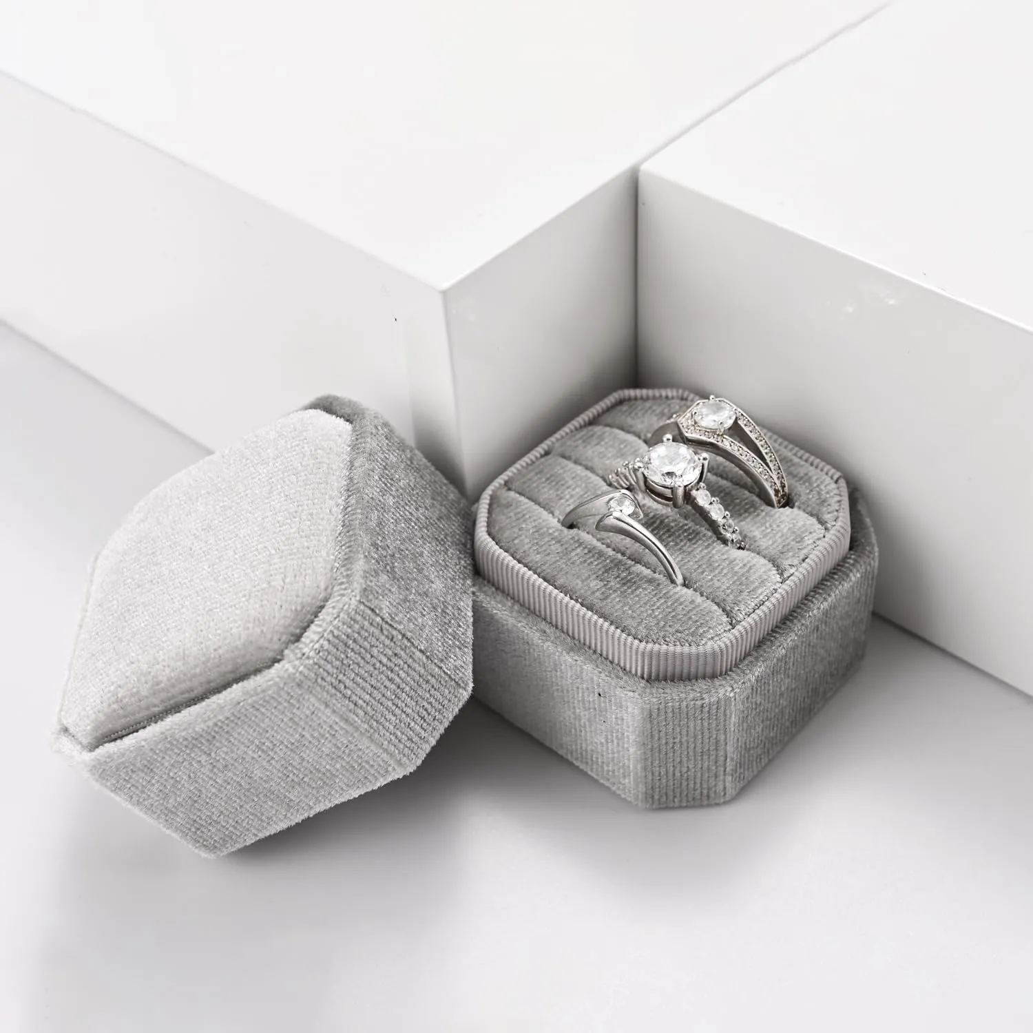 3 Slots Ring Box Velvet Ring Gift Box Wedding Day For Proposal, Engagement, Wedding,Mother's Day, Valentine's Day(Grey)