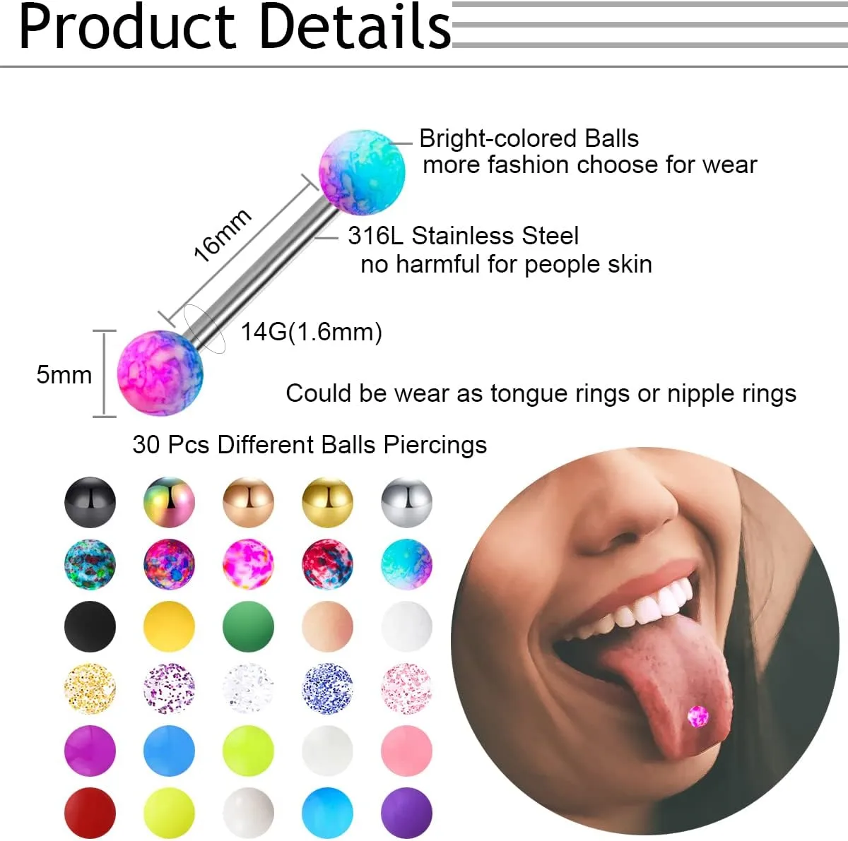 30-200Pcs 14G Surgical Steel Tongue Rings for Women Stainless Steel Nipple Rings Barbell Body Piercing