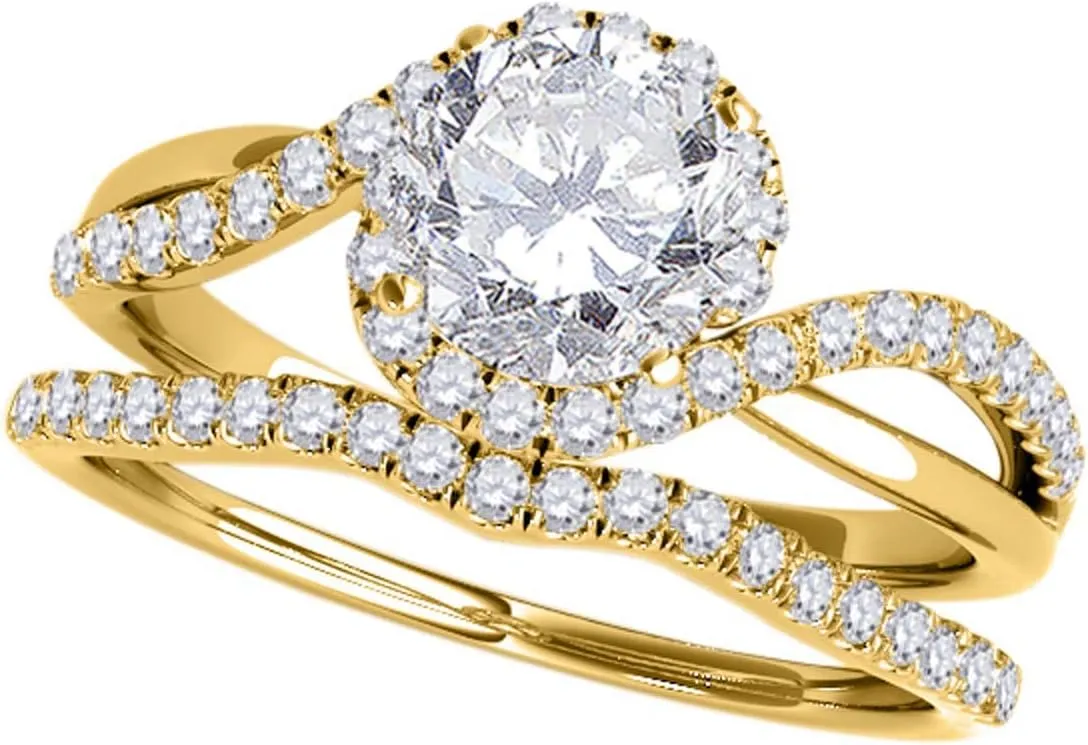 3/4 Carat Halo Diamond Engagement Bridal Ring Set prong 14K Solid Yellow Gold