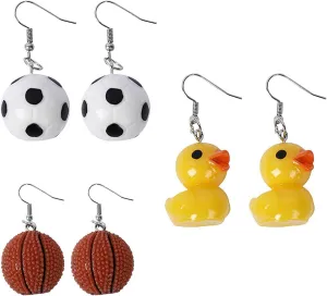 3Pairs/Set Funny Statement Duck Dangle Earring Football Basketball Drop Earrings Fashion Unique Personalized Minilism Rubber Duckie Dangling Earring for Women
