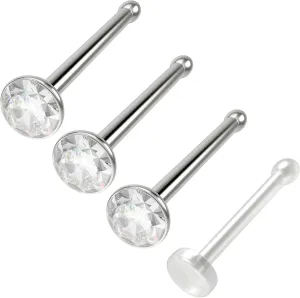 3pc 20g Nose Bone Stainless Steel Rings 1mm crystal CZ Straight Pin Micro Stud - Bioflex Retainer