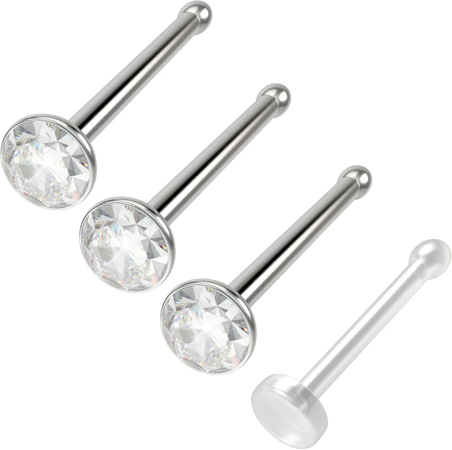3pc 20g Nose Bone Stainless Steel Rings 1mm crystal CZ Straight Pin Micro Stud - Bioflex Retainer