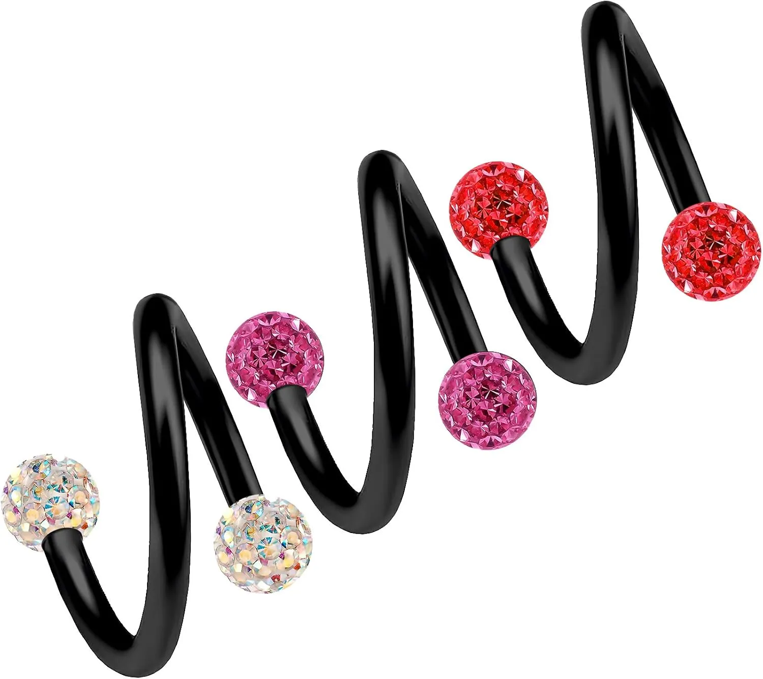 3pc Black Twisted Barbell Spiral Nose Ring Twist Pierced Earrings Ear Piercing Cartilage Jewelry Industrial Earring Rings Lip Conch Screw Surgical Helix Tragus Navel Belly 8mm Pink Gems