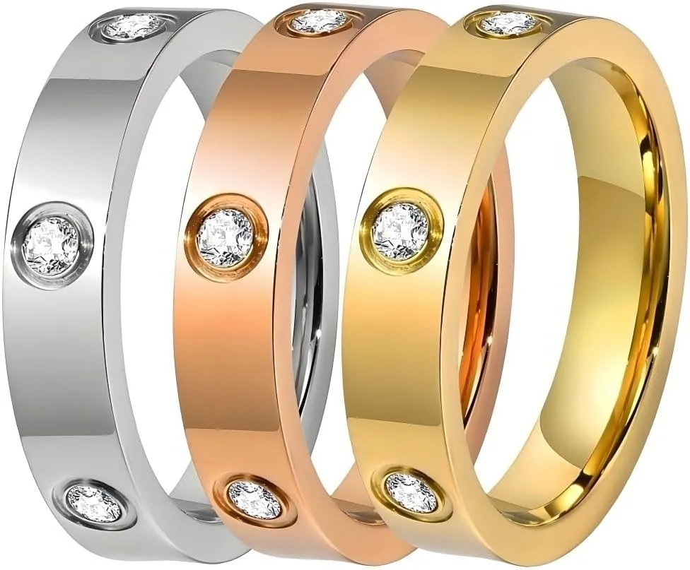 3Pcs/Set Love Friendship Ring 18K Gold Silver Rose Plated Cubic Zirconia Stainless Steel Promise Ring Wedding Band Jewelry for Women