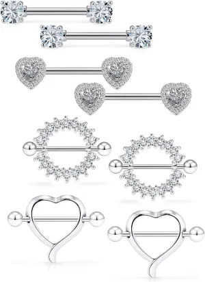 4 Pairs Surgical Steel Nipple Rings Heart Nipple Barbell Crystal CZ Ball Nipple Hoop Piercing Jewelry for Women