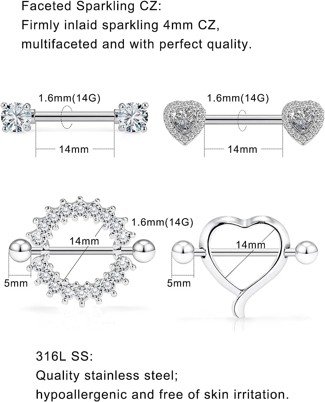 4 Pairs Surgical Steel Nipple Rings Heart Nipple Barbell Crystal CZ Ball Nipple Hoop Piercing Jewelry for Women