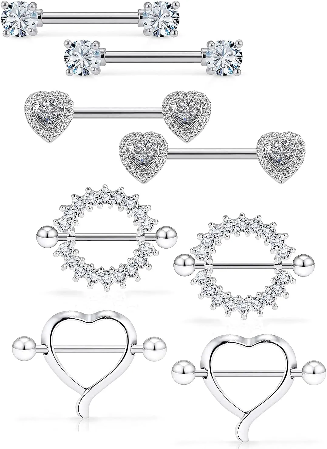 4 Pairs Surgical Steel Nipple Rings Heart Nipple Barbell Crystal CZ Ball Nipple Hoop Piercing Jewelry for Women