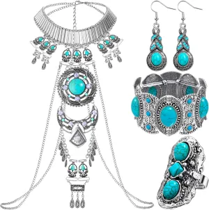 4 Pcs Boho Turquoise Jewelry Set Includes Boho Statement Necklace Body Chains Alloy Oval Resin Drop Dangle Earrings Adjustable Heart Compressed Turquoise Bracelet Statement Ring for Women