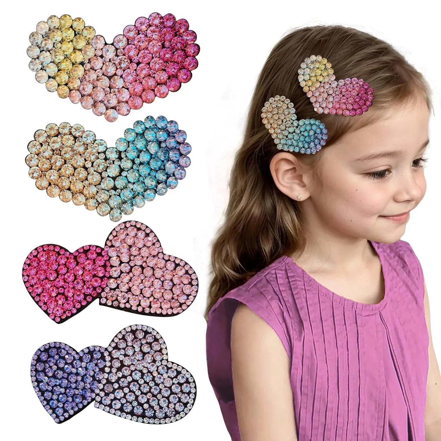 4 PCS Cute Heart Hair Clips for Girls, Rhinestones Hair Clips for Kids, Gradient Double Heart Design(Pink & Blue), Metal Snap Clips Barrettes for Teens & Toddlers