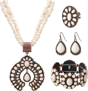 4 PCS Western Turquoise Jewelry for Women Boho Vintage Navajo Pearl Necklace Earring Bracelet Ring Set Country Cowgirl Accessories for Gift