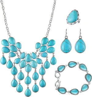 4 PCS Western Turquoise Jewelry for Women Boho Vintage Navajo Pearl Necklace Earring Bracelet Ring Set Country Cowgirl Accessories for Gift