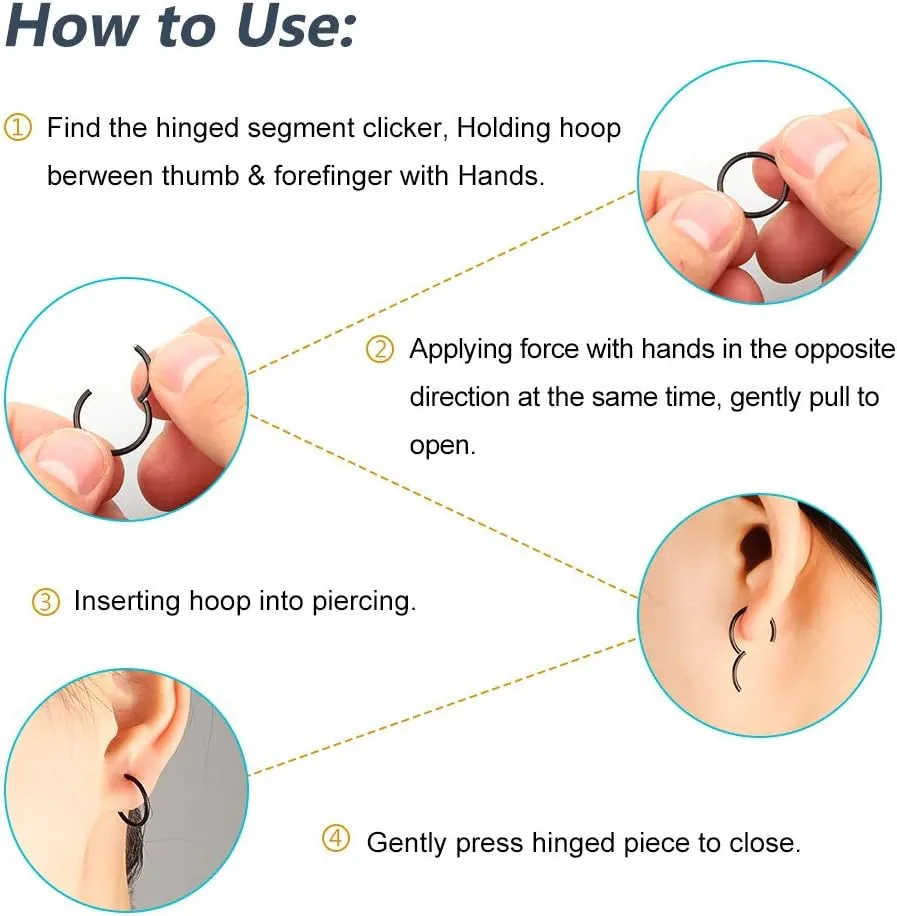 4Pcs 16G 18G 20G Surgical-Steel-Piercing-Ring-Nose-Rings-Hinged-Hoop-Earrings,6mm 8mm 10mm 12mm Seamless Stainless Steel Clicker Eyebrow Septum Piercing Hoop,Sliver Black Gold Rose Gold Rainbow Body Jewelry Set