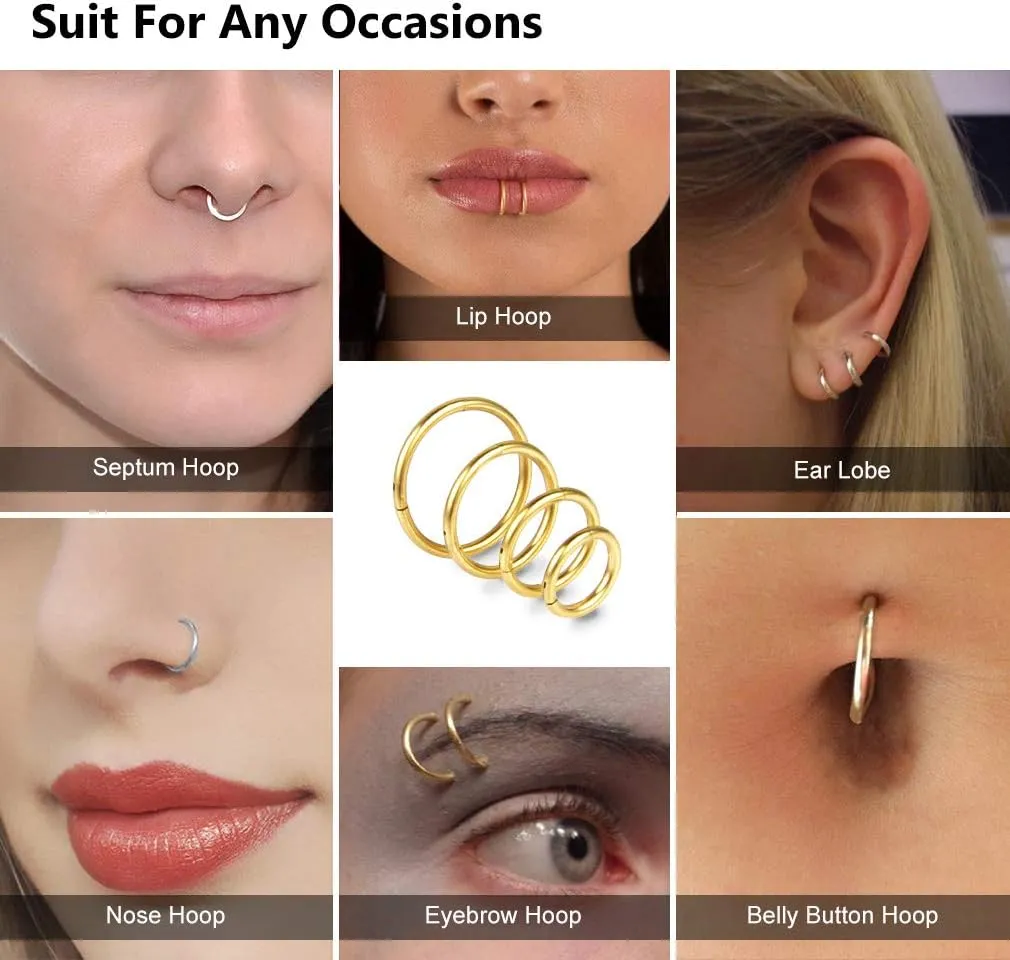 4Pcs 16G 18G 20G Surgical-Steel-Piercing-Ring-Nose-Rings-Hinged-Hoop-Earrings,6mm 8mm 10mm 12mm Seamless Stainless Steel Clicker Eyebrow Septum Piercing Hoop,Sliver Black Gold Rose Gold Rainbow Body Jewelry Set