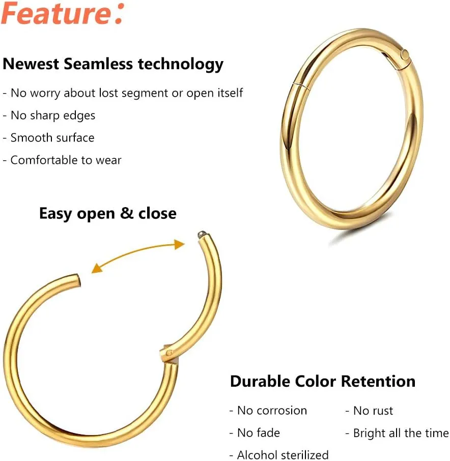 4Pcs 16G 18G 20G Surgical-Steel-Piercing-Ring-Nose-Rings-Hinged-Hoop-Earrings,6mm 8mm 10mm 12mm Seamless Stainless Steel Clicker Eyebrow Septum Piercing Hoop,Sliver Black Gold Rose Gold Rainbow Body Jewelry Set