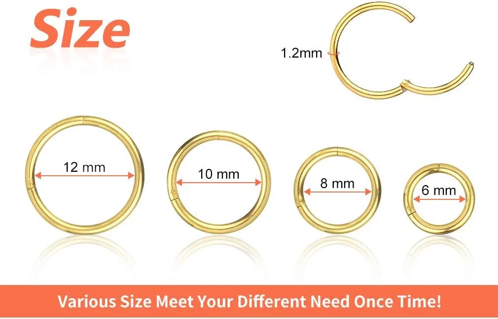 4Pcs 16G 18G 20G Surgical-Steel-Piercing-Ring-Nose-Rings-Hinged-Hoop-Earrings,6mm 8mm 10mm 12mm Seamless Stainless Steel Clicker Eyebrow Septum Piercing Hoop,Sliver Black Gold Rose Gold Rainbow Body Jewelry Set