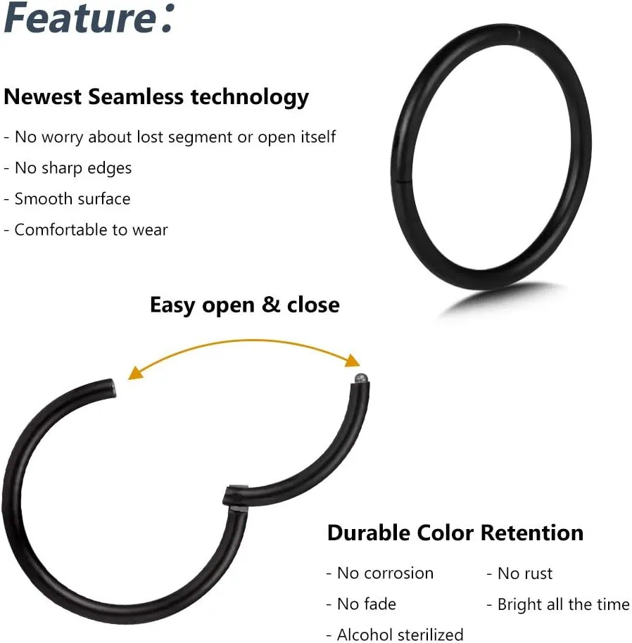 4Pcs 16G 18G 20G Surgical-Steel-Piercing-Ring-Nose-Rings-Hinged-Hoop-Earrings,6mm 8mm 10mm 12mm Seamless Stainless Steel Clicker Eyebrow Septum Piercing Hoop,Sliver Black Gold Rose Gold Rainbow Body Jewelry Set