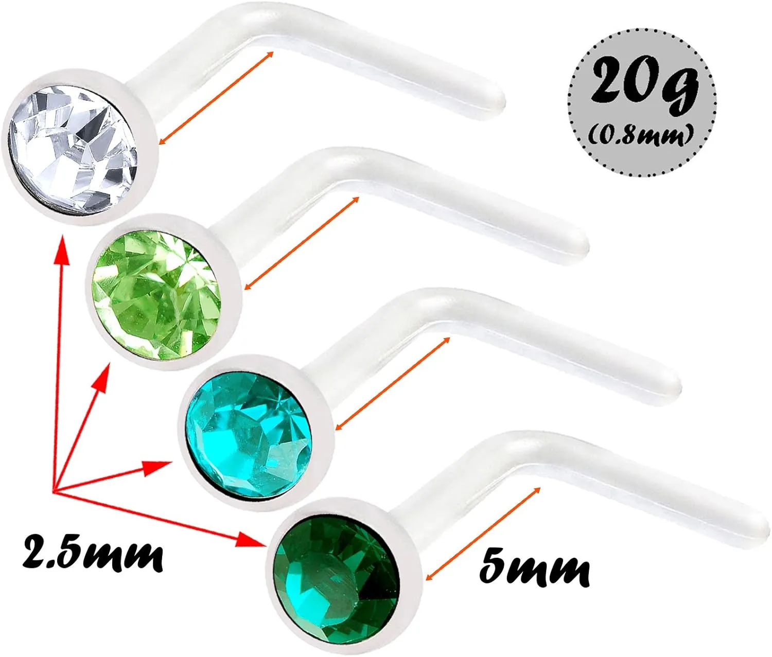 4pcs 20g 0.8mm L Nose Studs Flexible Acrylic Nostril Screw Rings Piercing 2.5mm Crystal BOAM Pick Color