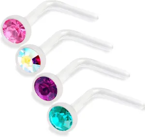 4pcs 20g 0.8mm Nose Screw Rings L Shaped Bioflex Flexible Nostril Piercing Jewelry 2.5mm Crystal Pick Color