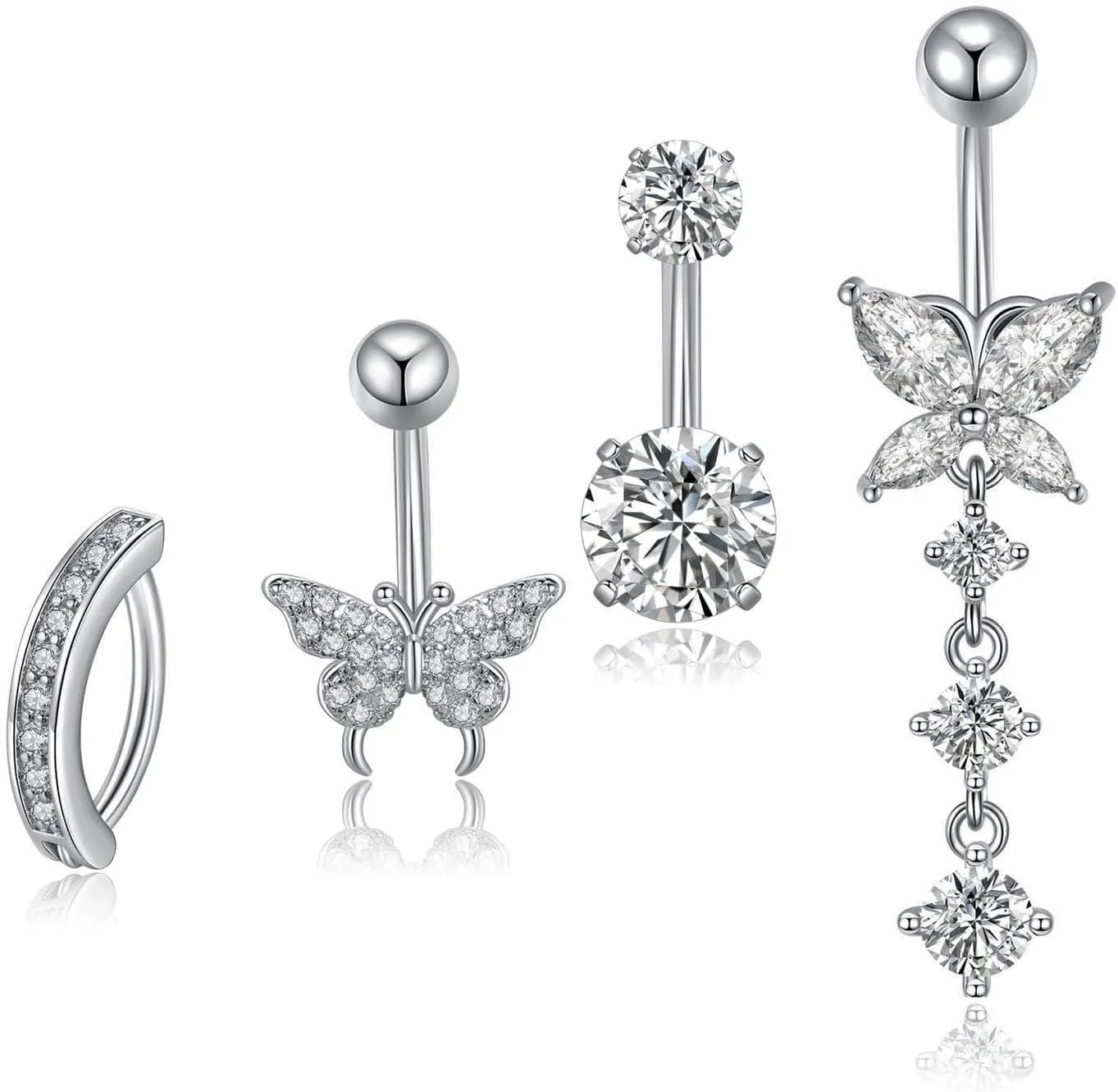 4pcs Belly Button Ring Clicker Belly Rings for Women 10mm Surgical Steel Bar Shiny Heart Dangle Navel Rings 14G Piercing Jewellery