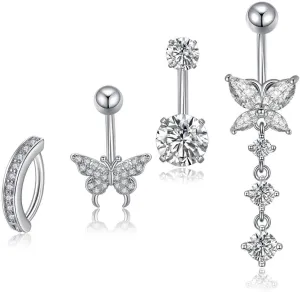 4pcs Belly Button Ring Clicker Belly Rings for Women 10mm Surgical Steel Bar Shiny Heart Dangle Navel Rings 14G Piercing Jewellery