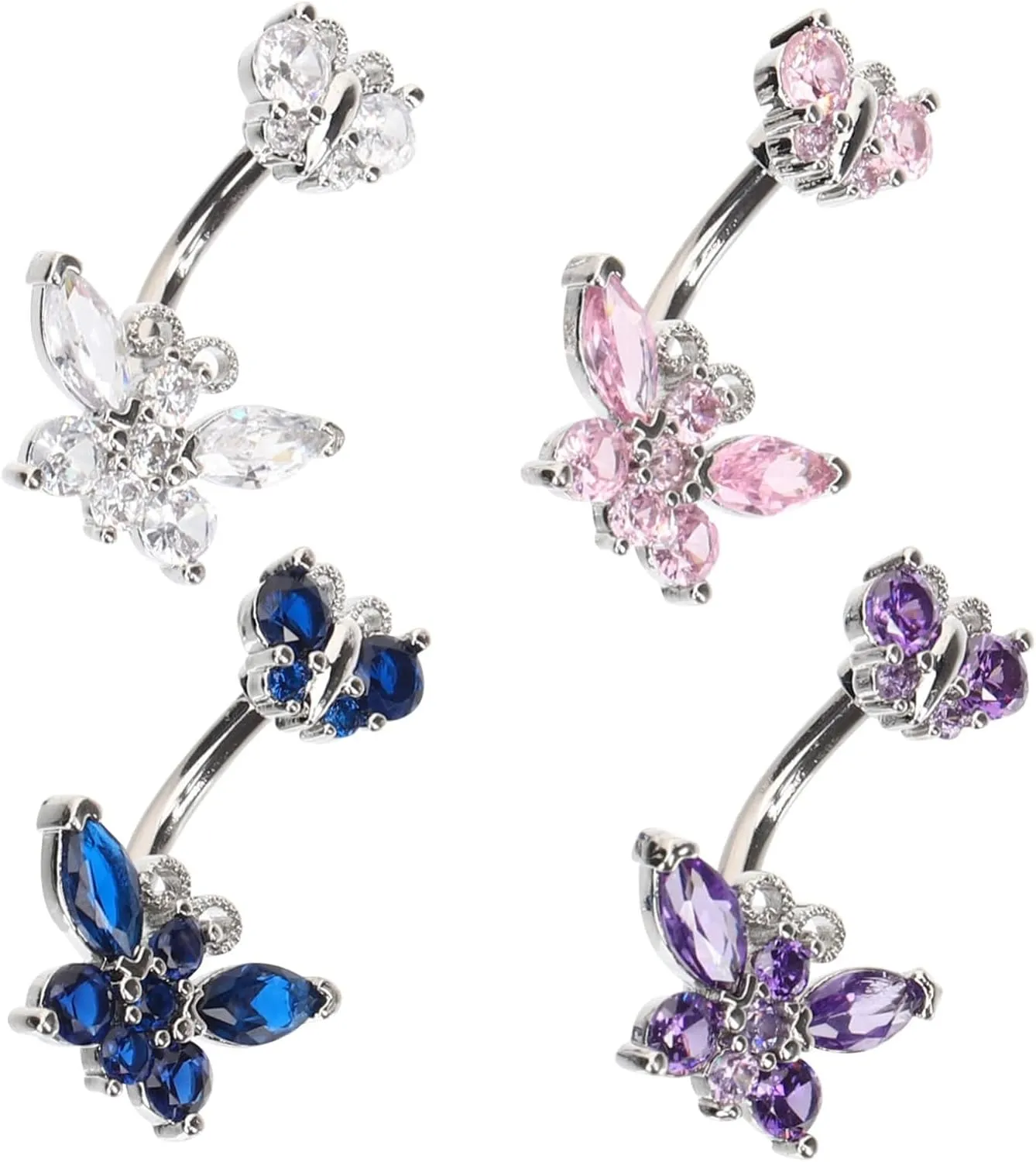 4Pcs Rhinestone Butterfly Belly Button Rings for Women Navel Piercing Jewelry Body Jewelry for Daily Wear and Special Occasions