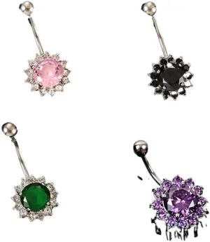 4pcs Rhinestone Flower Belly Button Rings,Shiny Crystal Navel Rings 316l Surgical Steel Diamond Navel Button Bar Body Piercing Jewelry